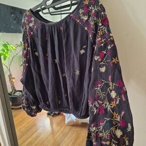 Free People Black Embroidered Boho Peasant Top with Pink & Gold Accents